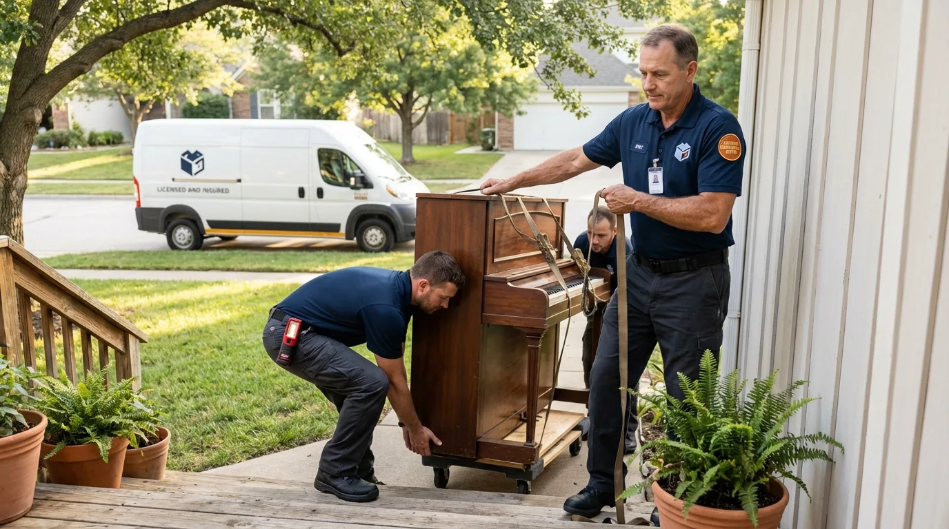 Licensed piano movers securing grand piano in Black Mountain, NC