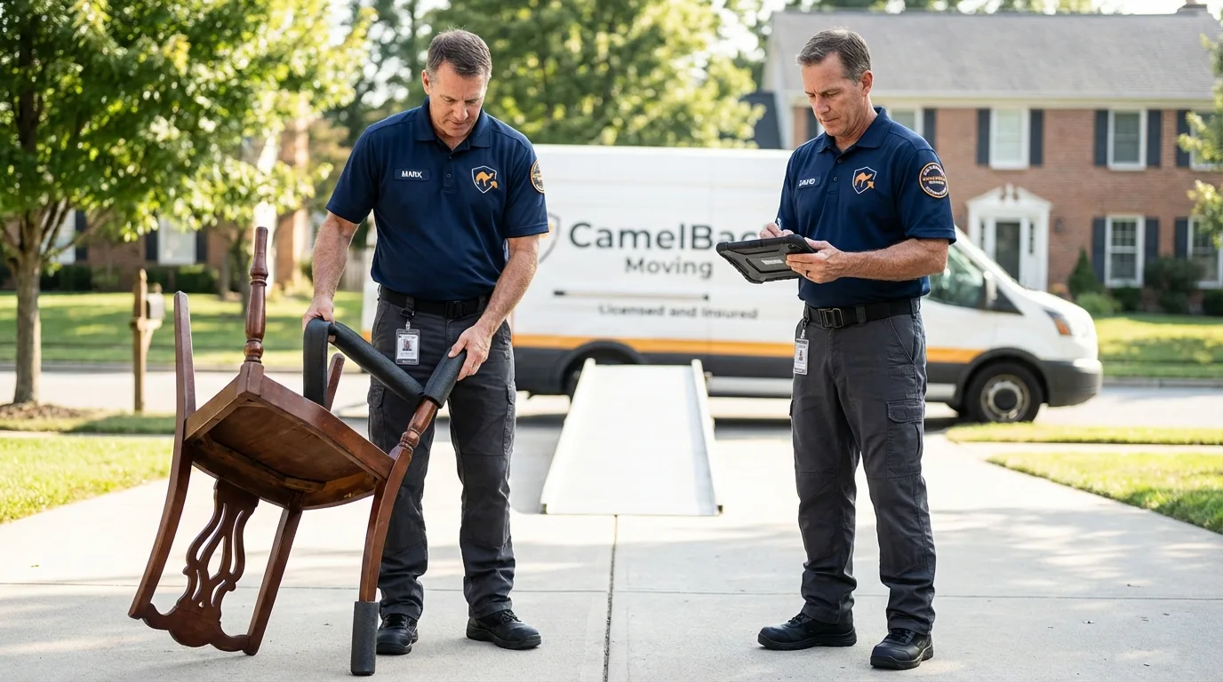 Movers inspecting furniture for damage prevention before loading in Black Mountain, NC