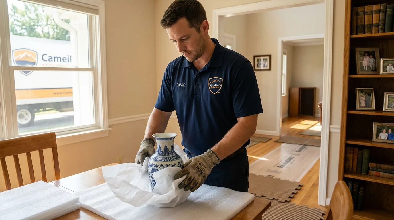 Professional crew carefully wrapping antique vase for senior downsizing move in Black Mountain, NC